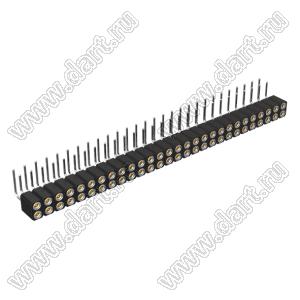 DS1002-08-2x28R13420 гнездо цанговое угловое двухрядное для выводного монтажа; P=2,54x2,54мм; 2x28-конт.