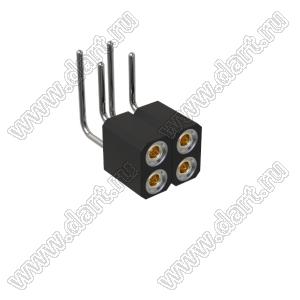 DS1002-08-2x02R13420 гнездо цанговое угловое двухрядное для выводного монтажа; P=2,54x2,54мм; 2x2-конт.