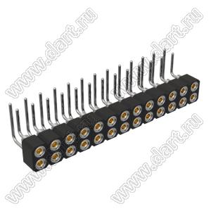 DS1002-09-2x13R13 гнездо цанговое угловое двухрядное для выводного монтажа; P=2,00x2,00мм; 2x13-конт.