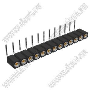 DS1002-08-1x13R13420 гнездо цанговое угловое однорядное для выводного монтажа; P=2,54мм; 13-конт.