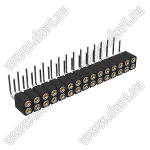 DS1002-08-2x15R13420 гнездо цанговое угловое двухрядное для выводного монтажа; P=2,54x2,54мм; 2x15-конт.