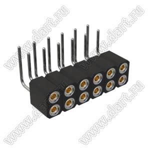 DS1002-08-2x06R13420 гнездо цанговое угловое двухрядное для выводного монтажа; P=2,54x2,54мм; 2x6-конт.