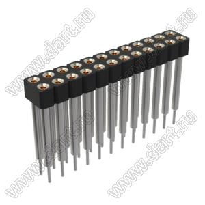 DS1002-07-2x121318 гнездо цанговое прямое двухрядное приподнятое для выводного монтажа; P=2,54x2,54мм; 2x12-конт.