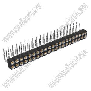 DS1002-01-2x21R13 (SCDL-021R, PBDM-2x21R) гнездо цанговое угловое двухрядное для выводного монтажа; P=2,54мм; 2x21-конт.