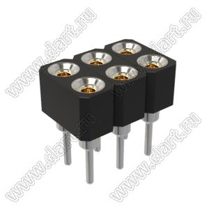 DS1002-02-2x036BT1F6 (6833S-03) гнездо цанговое прямое двухрядное для выводного монтажа; P=2,0x2,0мм; 2x3-конт.