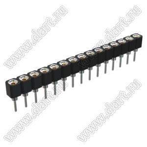 DS1002-01-1x15V13 (SCSL-15, PBSM-15, 6604S-15G-30) гнездо цанговое прямое однорядное для выводного монтажа; P=2,54мм; 15-конт.