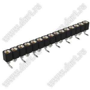 DS1002-01-1x15S13R2 (SCSL-015SMT, PBSM-1x15SMT) гнездо цанговое прямое однорядное для поверхностного (SMD) монтажа; P=2,54мм; 15-конт.