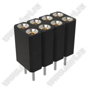 DS1002-03-2x046T1F6 (6803S-04-70) гнездо цанговое прямое двухрядное для выводного монтажа; P=2,54x2,54мм; 2x4-конт.