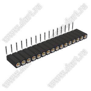 DS1002-08-1x16R13700 (7801R-16-70) гнездо цанговое угловое однорядное для выводного монтажа; P=2,54мм; 16-конт.