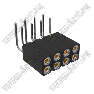 DS1002-08-2x04R13700 (7803R-04-70) гнездо цанговое угловое двухрядное для выводного монтажа; P=2,54x2,54мм; 2x4-конт.