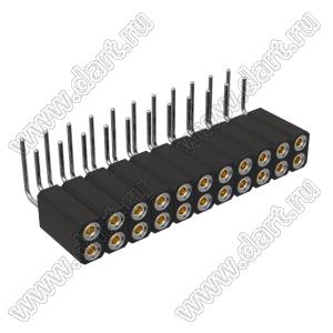 DS1002-08-2x11R13700 (7803R-11-70) гнездо цанговое угловое двухрядное для выводного монтажа; P=2,54x2,54мм; 2x11-конт.