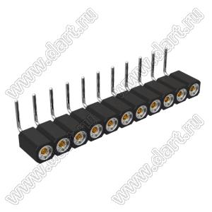 DS1002-08-1x11R13420 гнездо цанговое угловое однорядное для выводного монтажа; P=2,54мм; 11-конт.