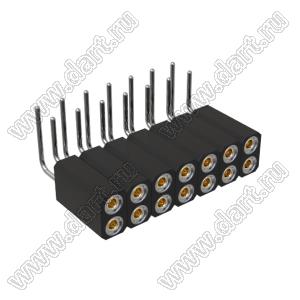 DS1002-08-2x07R13700 (7803R-07-70) гнездо цанговое угловое двухрядное для выводного монтажа; P=2,54x2,54мм; 2x7-конт.