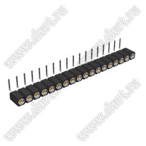 DS1002-08-1x18R13420 гнездо цанговое угловое однорядное для выводного монтажа; P=2,54мм; 18-конт.