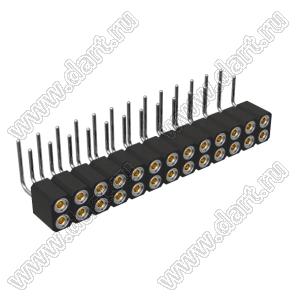 DS1002-08-2x13R13420 гнездо цанговое угловое двухрядное для выводного монтажа; P=2,54x2,54мм; 2x13-конт.