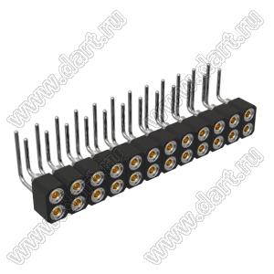 DS1002-09-2x12R13 гнездо цанговое угловое двухрядное для выводного монтажа; P=2,00x2,00мм; 2x12-конт.