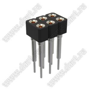 DS1002-07-2x031326 гнездо цанговое прямое двухрядное приподнятое для выводного монтажа; P=2,54x2,54мм; 2x3-конт.