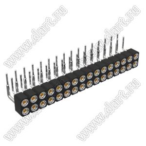 DS1002-01-2x16R13 (SCDL-016R, PBDM-2x16R) гнездо цанговое угловое двухрядное для выводного монтажа; P=2,54мм; 2x16-конт.