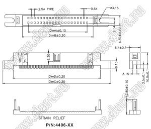 4406-10 (IDM-10, DS1015-10M) вилка с монтажными "ушами" закрытая в корпусе, шаг 2,54x2.54 мм на плоский кабель (шлейф) с шагом 1,27 мм; 2x5-конт.