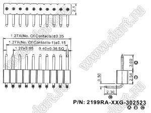 2199RA-38G-302523 (PLL1.27R-38) вилка штыревая открытая угловая однорядная на плату для монтажа в отверстия, шаг 1,27мм, 1x38 конт.