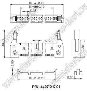 4407-16-01 (IDCC-16A, DS1012-16N) вилка с защелками без монтажных "ушей" закрытая в корпусе, шаг 2,54x2,54 мм на плоский кабель (шлейф) с шагом 1,27 мм; 2x8-конт.