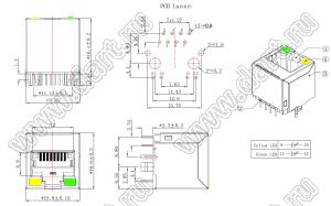 5211-88-101-401-H-L-SOCKET гнездо модульное, 8P8C с индикацией