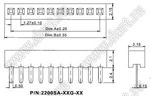 2200SA-28G-21 розетка прямая однорядная (гнездо) на плату для монтажа в отверстия; P=1,27мм; 28-конт.