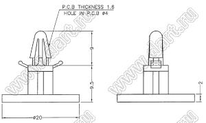 MBS-9.5LV0 фиксатор платы с защелкой; dп=4,0мм; s=1,2...1,7мм; нейлон-66 (UL); A=9,5мм; B=11,4мм; H=20,0мм; натуральный