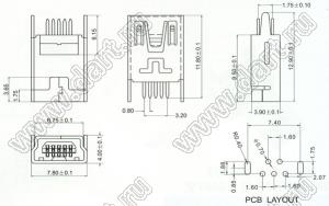 HW-MU-5F-23 разъем мини USB вертикальный в плату