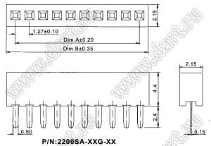 2200SA-21G-44 розетка прямая однорядная на плату для монтажа в отверстия; P=1,27мм; 21-конт.