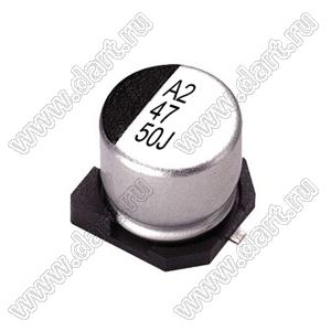 ECAPSMD 47uF/50V 0608 105C (VEJ470M1HTR-0608) конденсатор электролитический SMD (для поверхностного монтажа); 2000ч; 47мкФ; 50В; (6,3x7,7)мм; -55...+105°C