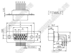 DS1038-02-62FWN8SS (5505F1-62P) розетка D-SUB высокой плотности цанговая угловая в плату; 62-конт.