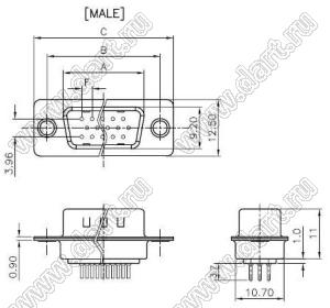 DS1077-44MB0N-3 (5512-44PA-01-BR, DHB-44M) вилка прямая D-SUB высокой плотности для пайки на плату; 44-конт.; BR тип - защелки в плату; черный изолятор