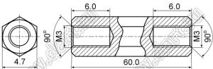 PCHSS-60AL стойка шестигранная; с внутренней резьбой М3x0,5; SW=4,7мм; L=60,0мм; алюминий