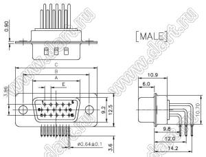 DS1038-02-44MWN8SS (5505F1-44P) вилка D-SUB высокой плотности цанговая угловая в плату; 44-конт.