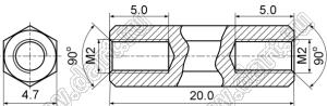 PCHSS2-20 (4.7) стойка шестигранная; с внутренней резьбой М2x0,4; SW=4,7мм; L=20,0мм; латунь