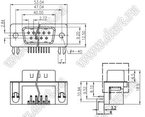 DS1037-25M-D (5504-25P-B, DRB-25MB) вилка угловая D-SUB для пайки на плату; 25-конт.; с защелками в плату, с закладными гайками и отдельно упакованными шестигранными стойками