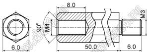PCHSN4-3-50SN стойка шестигранная; с внутренней резьбой М4x0,7; с внешней резьбой М3x0,5; L=50,0мм; сталь никелированная