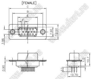 DS1077-44FU0N-2 (5512-44SA-01-CS-BU, DHB-44F) розетка прямая D-SUB высокой плотности для пайки на плату; 44-конт.; CS тип - стойки сзади; синий изолятор