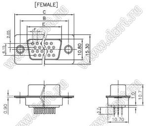 DS1077-78FU0N-1 (5512-78SA-01-CC-BU, DHB-78F) розетка прямая D-SUB высокой плотности для пайки на плату; 78-конт.; CC тип - стойки впереди; синий изолятор