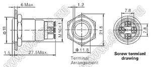 BLGQ16F-10E/L/B/12V/S кнопка антивандальная; без фиксации; 1NO; кольцевая; синий; 12В; нержавеющая сталь