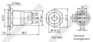 BLAS1-AGQ-22DT/R/6V/S кнопка антивандальная антивандальный влагозащищенный; 2NO2NC; cимвол питания; красный; 6В; нержавеющая сталь