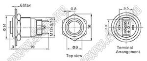 BLGQ12-AH-10E/J/B/12V/S кнопка антивандальная; d отв.=12мм; без фиксации; 1NO; кольцевая; синий; 12В; нержавеющая сталь