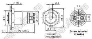 BLGQ16B-10D/L/B/12V/S кнопка антивандальная; без фиксации; 1NO; точечная; синий; 12В; нержавеющая сталь