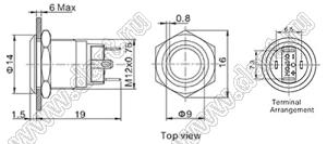 BLGQ12-AF-10E/J/R/12V/A кнопка антивандальная; d отв.=12мм; без фиксации; 1NO; кольцевая; красный; 12В; цинк-алюминиевый сплав (черный)