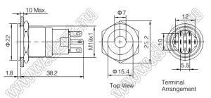 BLAS1-AGQPF-22D/G/12V/N кнопка антивандальная антивандальный влагозащищенный; 2NO2NC; точечная; зеленый; 12В; никелированная латунь