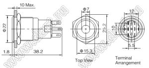 BLAS1-AGQ-22D/G/6V/S кнопка антивандальная антивандальный влагозащищенный; 2NO2NC; точечная; зеленый; 6В; нержавеющая сталь