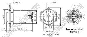 BLGQ16H-10D/L/B/12V/S кнопка антивандальная; без фиксации; 1NO; точечная; синий; 12В; нержавеющая сталь