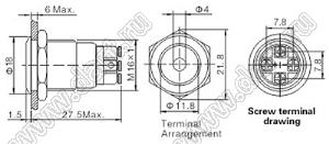 BLGQ16F-10D/L/B/12V/S кнопка антивандальная; без фиксации; 1NO; точечная; синий; 12В; нержавеющая сталь