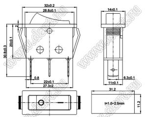 KCD3-JK-101N81RB переключатель клавишный ON-OFF; 32,0х14,0мм; 10A 250VAC/15A 125VAC; толкатель красный/корпус черный; с подсветкой;  маркировка - нет; терминалы 6,3x0,8мм